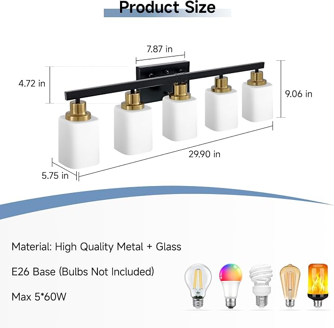 5-Light Black and Gold Vanity Light,Bathroom Lighting Fixtures,30" | Bathroom Light for Mirror with Square Frosted Glass,Modern Wall Sconces fixtures over Sink Restroom,Living Room Hallway