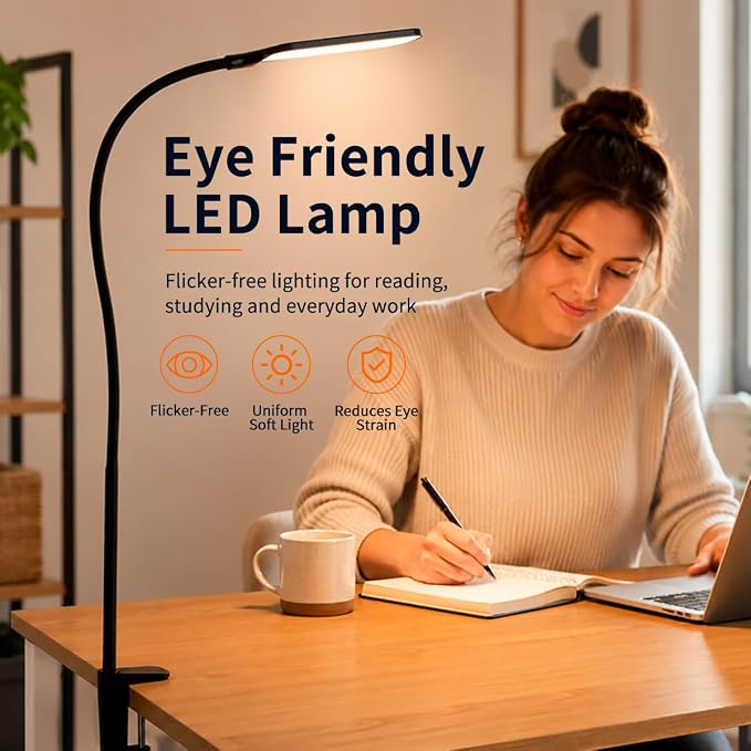 Long Gooseneck LED Clamp Desk Lamp, Eye-Caring Reading Light | Dimmable Clip on Lamp, 800LM, 3 Colors and 10 Modes, for Office Home Task