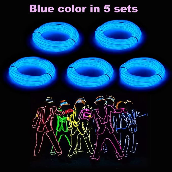MaxLax EL Wire Blue 5-Pack, 9ft/2.75m Neon Light Wire with Noise Reduction and Battery Pack…
