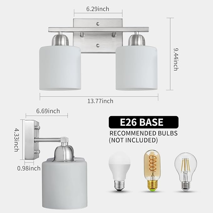 Brushed Nickel Bathroom Light, Anti-Rust Finish 2 Light Bathroom Vanity Light Brushed Nickel, Milky White Frosted Glass Shades, E26 Socket