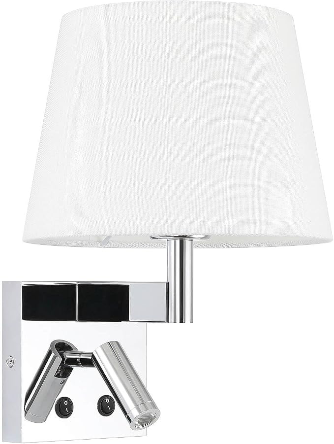 XiNBEi Lighting Wall Sconce with LED Reading Light for Living Room, Chrome | Bedroom Wall Lamp, White Fabric Shade & On/Off Switch, Wall Mounted Reading Lights, For Bedside Office & Hotel