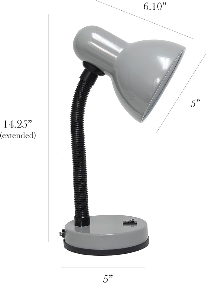 Simple Designs LD1003-SLV-LB 14.25" Basic Metal Desk Lamp with Flexible Hose Neck for Office, Living Room, Bedroom, College Dorm, Bookshelf, Silver, with Feit LED Bulb Included