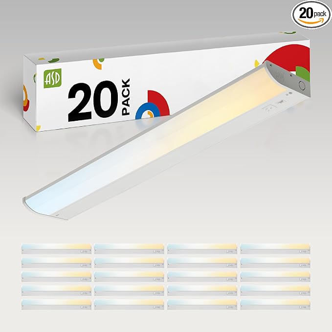 ASD 20 Pack LED Under Cabinet Lighting, 24 inch 12W 822 LM, Dimmable Hardwired Under Cabinet Lights for Kitchen, 3000K/4000K/5000K, Under Counter Light Fixtures, ETL, White, Bullnose Design