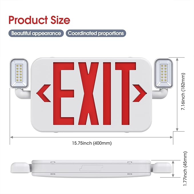 Led Combo Emergency Exit Sign Light with Two Adjustable Head Lights and Backup Battery Exit Light,US Standard Red Letter Commercial Emergency Exit Lighting,UL 924,AC120/277V (4Pack)
