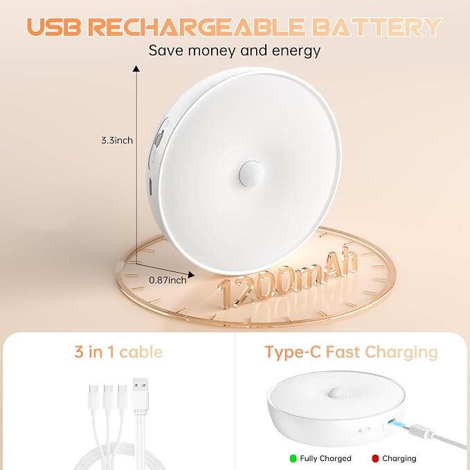 Motion Sensor Closet Lights, USB-C Rechargeable Under Cabinet Puck Lighting with RGB & 3 Color Temperatures, Dimmable Battery Powered Step Lights for Kitchen, Stairs, Wardrobe