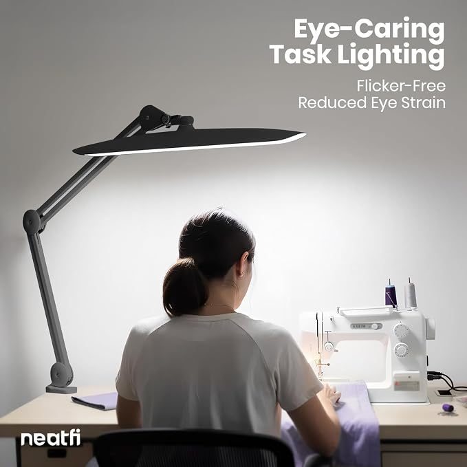 Neatfi XL 2200 Lumens 24W LED Desk Lamp – Shadow-Free Task Lighting | 4-Level Dimming | Home Office & Crafts Use | 20-Inch Wide Head (Space Gray, Non-CCT with Clamp)