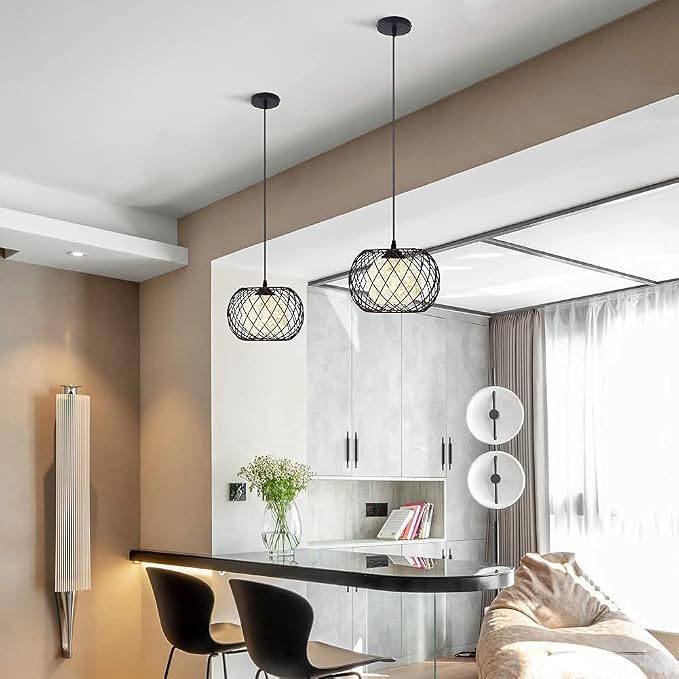 Modern Pendant Hanging Light Industrial-Light Fixture Rustic Ceiling, Metal Cage Hanging Lamps Vintage Industrial Chandelier Black for Bedroom,Kitchen Island,Hallway,Entryway,Garage,Bathroom.