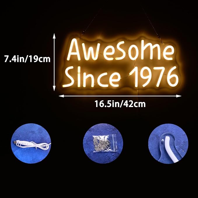 Awesome Since 1976 Neon Signs Happy 50 Years Old Birthday LED for Men Women | Warm White Fifty Glowing Light for 50th Wedding Anniversary Party Decorations