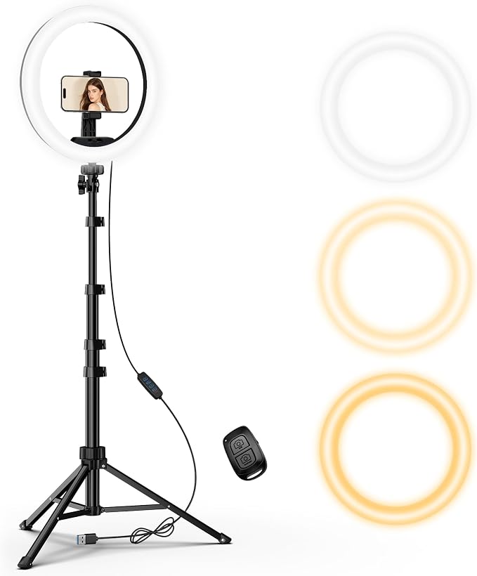 UBeesize 12" Ring Light with 62" Tripod Stand, Phone Holder & Remote | 3 Color Modes, 10 Brightness Levels, 180° Tilt, 360° Rotation, Cold Shoe, 1/4" Mount, Fits 2.2–3.5 in phones