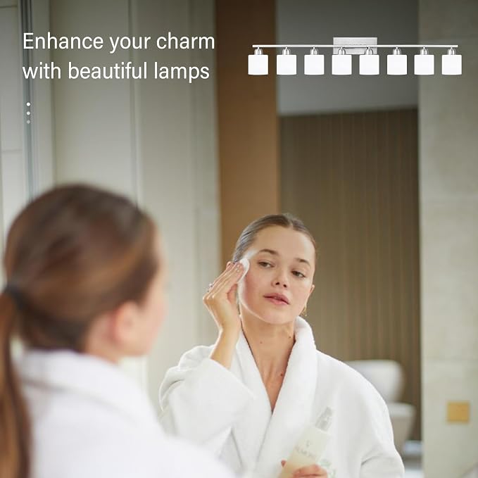Brushed Nickel Bathrooms Lights for Huge Mirror, 8 Light Anti-Rust Finish with Milky White Frosted Glass Shades, 51 Inch Above Mirror Lights for Bathroom, E26