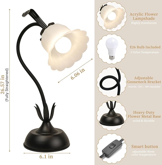 Vintage Flower Table Lamp, 3 Color Temperature Flexible Gooseneck Cute Small Desk Lamp for Bedroom, Kawaii Nightstand Bedside Lamps for Living Room, Dorm, Office, Home Decor (Black)