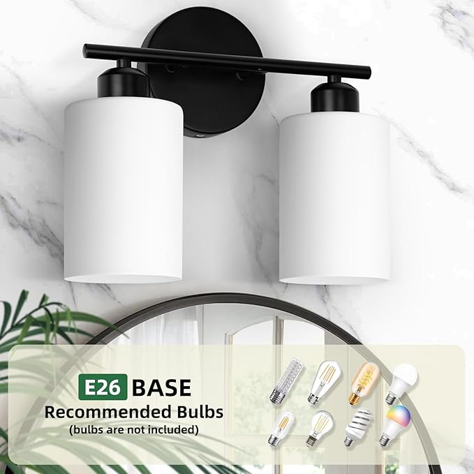 2-Light Bathroom Light Fixtures, Black Modern Vanity Lights with Milky White Frosted Glass Shades, Bathroom Wall Lamp for Kitchen Living Room Hallway
