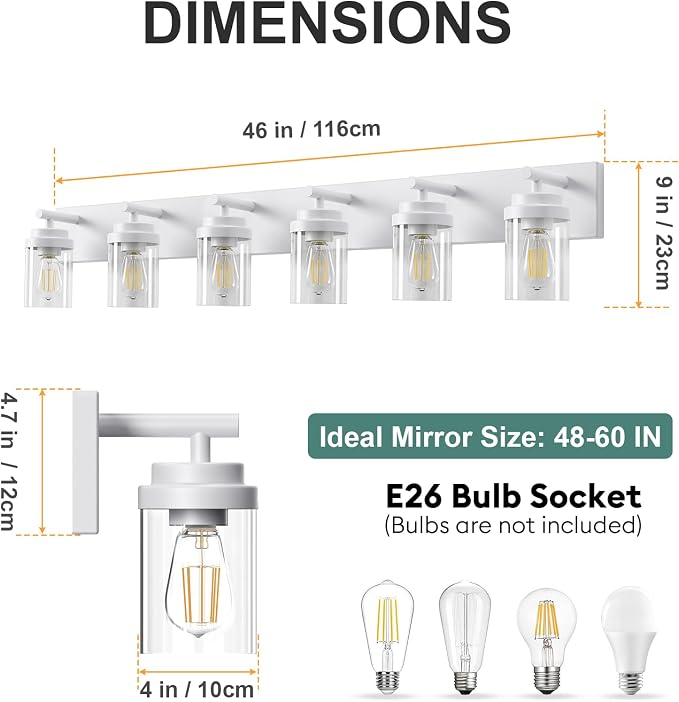 IZORRO Bathroom Vanity Light Fixture, 6-Light 46 Inch White Bathroom Light Fixtures Over Mirror, with Clear Glass Shade, Modern Farmhouse Vanity Lights, Rustic Restroom Lighting Fixtures