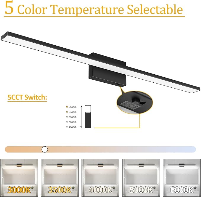 Ralbay 5 Color Temperature Dimmable Black Bathroom Vanity Light Bar 40inch Acrylic LED Modern Matte Black Bathroom Wall Lighting Fixtures Over Mirror
