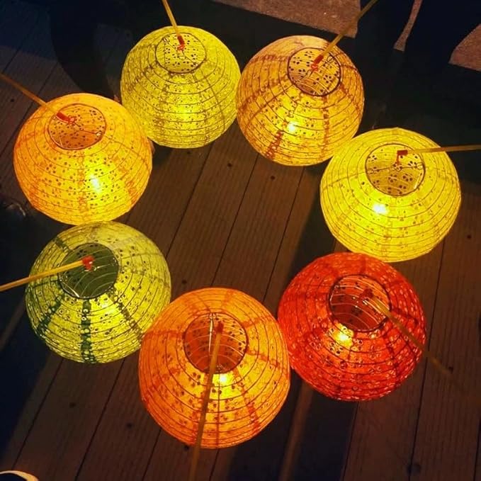 10PCS Paper Lanterns Valentines Day Chinese New Year Spring Festival Lantern,8inches Round Hanging Paper Lanterns with LED Lights,with Tassels Walking Sticks for Wedding Dinner Birthday Party Decor