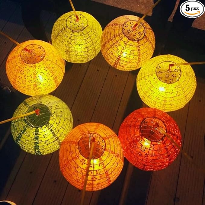 Set of 5 Paper Lanterns 8inches with LED Lights New Year Spring Festival Valentines Lanterns Variety Color, Hanging Paper Lanterns with Tassels Walking Sticks for Wedding Dinner Birthday Party Decor