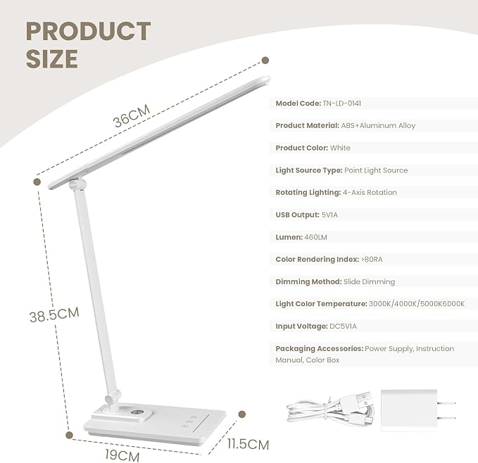 TECHNOVA LED Desk Lamp with 5 Color Temperatures | Sliding Stepless Dimming & One-Touch Timer | Foldable & Portable Design for Office/Study/Nail Art | Four-Axis Rotation for Small Desks