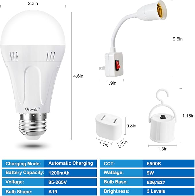Rechargeable Emergency Light Bulbs,10 Pack Battery Powered Light Bulb A19 E26 9W 6500K Daylight,Battery Backup Light Bulbs for Power Outage Hurricane Blizzard Outdoor Activities
