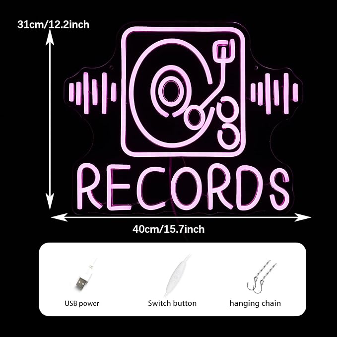 Records Neon Sign For Wall Decor Jukebox Music Light Up Sign Powered by USB Dimmable Pink Led Music Records Neon Light for Video Shop Karaoke Bar Party Bedroom Gifts(15.7"*12.2"）