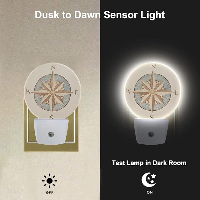 Nautical Compass Night Light Antique Windrose Navigation Wind Rose LED Dusk to Dawn Plug-in Nightlight Auto Sensor for Bedroom Bathroom Hallway Living Room
