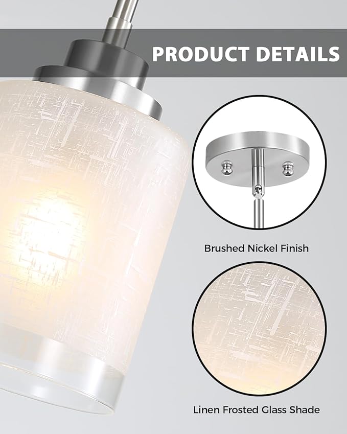 Cerdeco Modern Glass Pendant Light 2 Pack with Linen Frosted Glass Shade,Height Adjustable Hanging Pendant Lighting,Kitchen Island Lighting,Brushed Nickel Finish,UL Listed