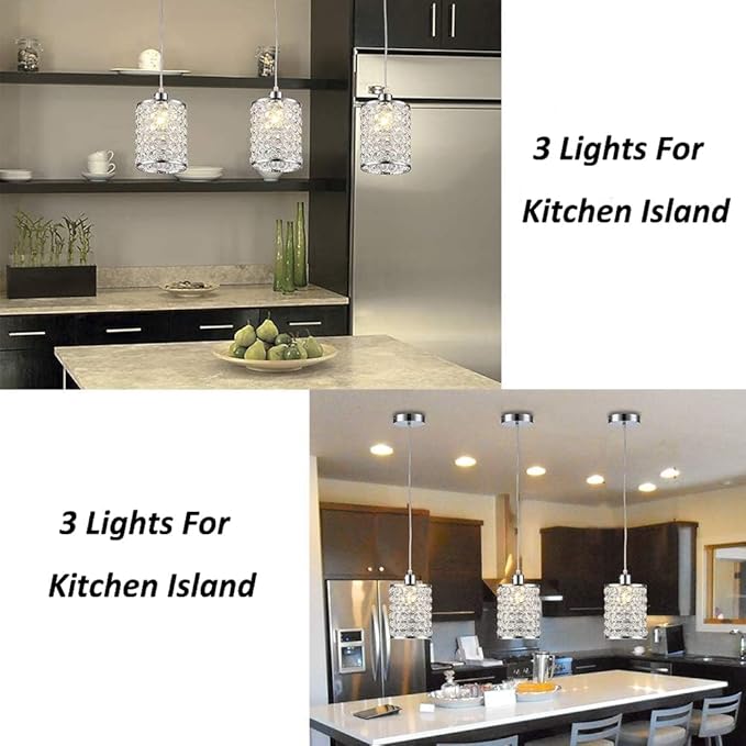 3 Pack Crystal Pendant Light, Modern Chrome Kitchen Island Pendant Lighting,Cord Adjustable Bar Ceiling Hanging Lights for Kitchen Dining Room Bedroom Bar