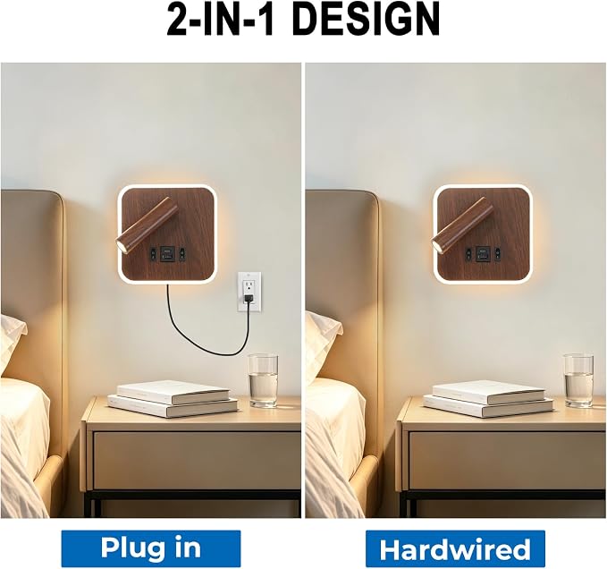 Plug in Wall Sconce with Wall Mounted Reading Lights with Switch | Wall Lamp for Bedroom with Charging Station USB C+A Ports,Bunk Bed Lights with 3W+9W Night Light,Walnut Color Reading Light