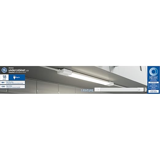 GE LED HD+ Undercabinet Light Fixture, Linkable Integrated Slim Profile Fixture for Kitchens, Daylight Color, Plug-in, 18in (1 Pack)