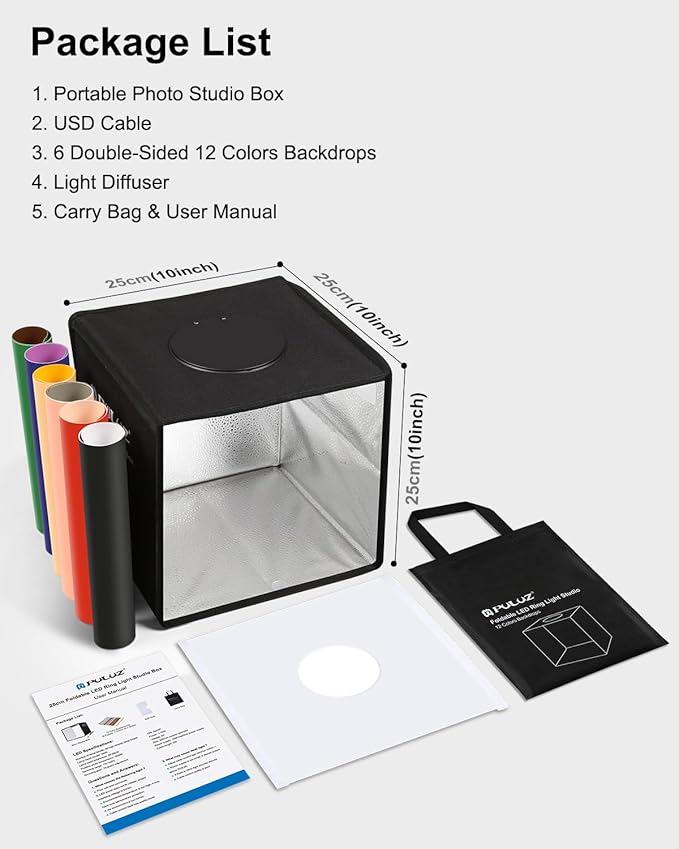 Photo Studio Light Box, PULUZ Mini Folding Lightbox LED Ring Light Portable Photo Box Shooting Tent Box Kit 12 Colors Backdrops USB Light Box Photography for Small Items Product Photography 10"x10"