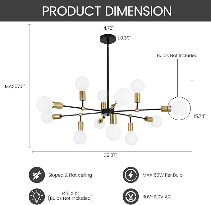 Modern Chandeliers for Dining Room with 12-Lights Adjustable Height Black and Gold Pendant Lights Kitchen Island Sputnik Chandelier for Living Room Bedroom Foyer Entryway