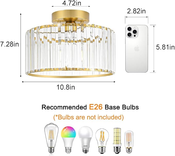 Crystal Ceiling Light Fixture, Modern Semi Flush Mount Ceiling Light, Gold Hallway Lighting Fixtures Chandelier for Kitchen, Close To Ceiling Light Fixtures for Entryway Bedroom, 1-Light, 11Inch