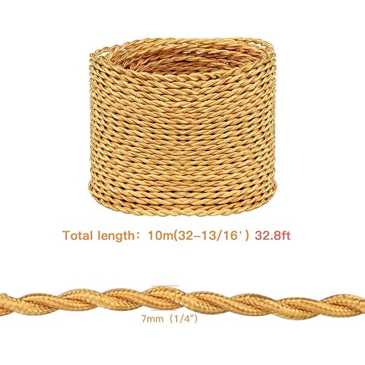 Helunsi 32.8ft Twisted Cloth Covered Wire, Gold 18/2 Cloth Covered Electrical Wire, 18 Wire Gauge 2-Conductor Fabric Covered Lamp Cord, Vintage Twisted Cloth Covered Wire, for DIY Projects (Gold)