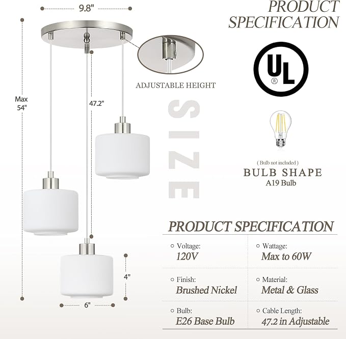 Brushed Nickel Dining Room Chandelier Light Fixture, 3-Light Pendant Lighting with Milk Glass, Modern Kitchen Island Cluster Hanging Pendant Lights for Kitchen Dining Room, OS-YQ8153-3BNW