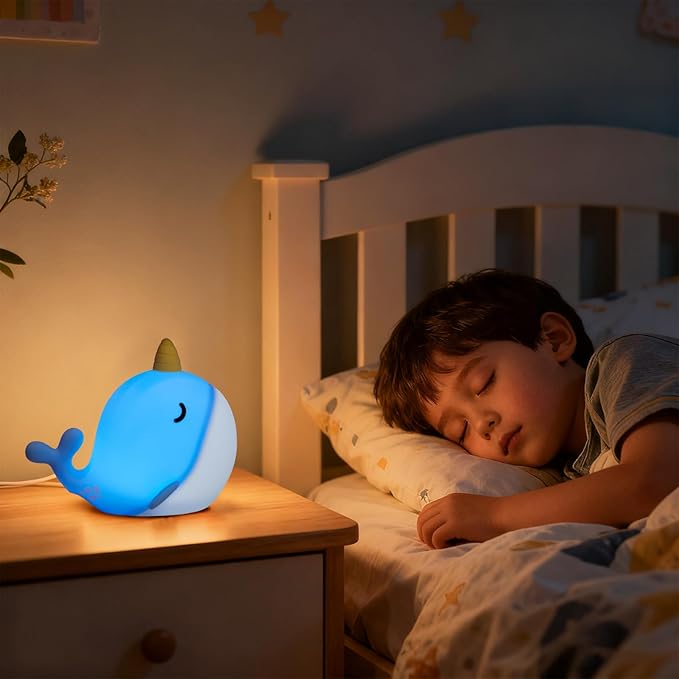 Narwhal Night Light, USB-C Rechargeable Tap Control Lamp with 3-Level Dimming & 30-Min Auto Timer, 7-Color Changing Squishy Silicone Nursery Light, Birthday Gift for Kids
