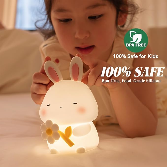 AVEKI Rabbit Night Light, Cute Bunny Lamp Gifts with Timer, Touch Squishy Silicone Night Light with 3 Colors Dimmable, Rechargeable Animal Lamp Kawaii Bedroom Room Decor (Bunny)