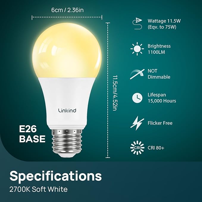 Linkind A19 LED Light Bulb, 75W Equivalent, 11.5W 2700K Soft White, 1100 Lumens Non-Dimmable LED Bulb, E26 Standard Base, Energy Efficient UL Listed, 6 Pack Led Lights for Bedroom Home Office