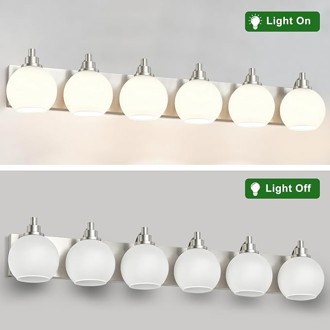 IZORRO Bathroom Light Fixtures, 6-Light Brushed Nickel Vanity Light, Modern Wall Sconces with Globe Milk White Glass Shade, Vanity Lighting Fixtures Over Mirror,E26 Bulb Socket