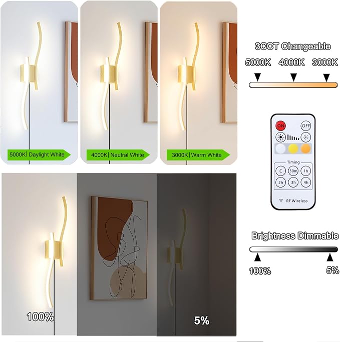 Daunton Modern Plug in Wall Sconce Set of 2, Gold Dimmable LED Wall Light with Remote Control, 3CCT Adjustable & Memory Function, Timer, Plug in Cord Wall Lamp for TV Wall Living Room Hallway Bedroom