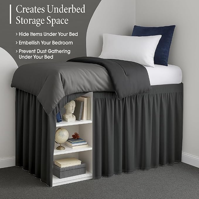 Cottingon Dorm Bed Skirt Twin XL 42" with Split Corners, 100% Microfiber Soft and Stylish, College Room Essential, Extra Long Dust Ruffle for Extended Beds, Dark Grey
