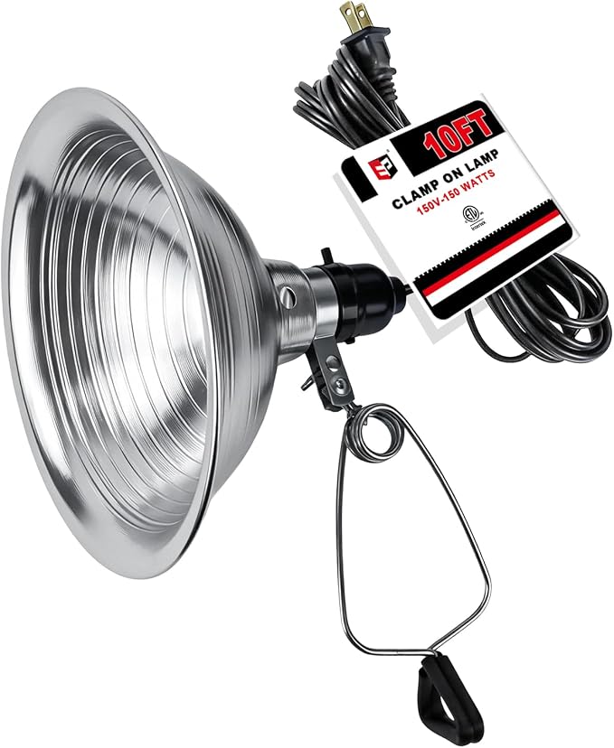 EP Clamp Lamp Light with Detachable 8.5 Inch Aluminum Reflector, 150 Watt E26 Socket (No Bulb Included), 10 Foot 18/2 SPT-2 Cord Cord, 1 Pack