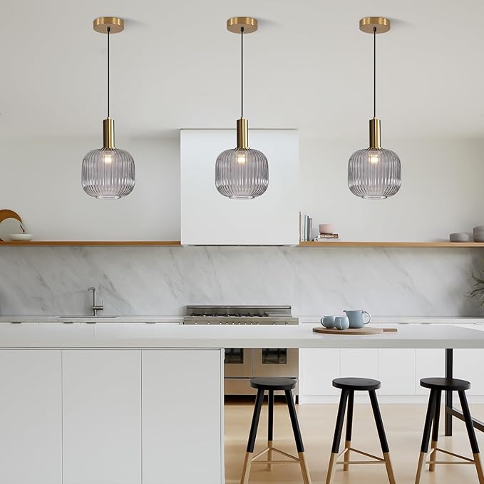 BOKT Modern 1-Light Gold Globe Pendant Light Mid Century Smoke Gray Ceiling Pendant Lighting Glass Ball Round Pendant Lamp Single Brushed Brass Pendant Light Fixture Kitchen Island (Smoke Gray)