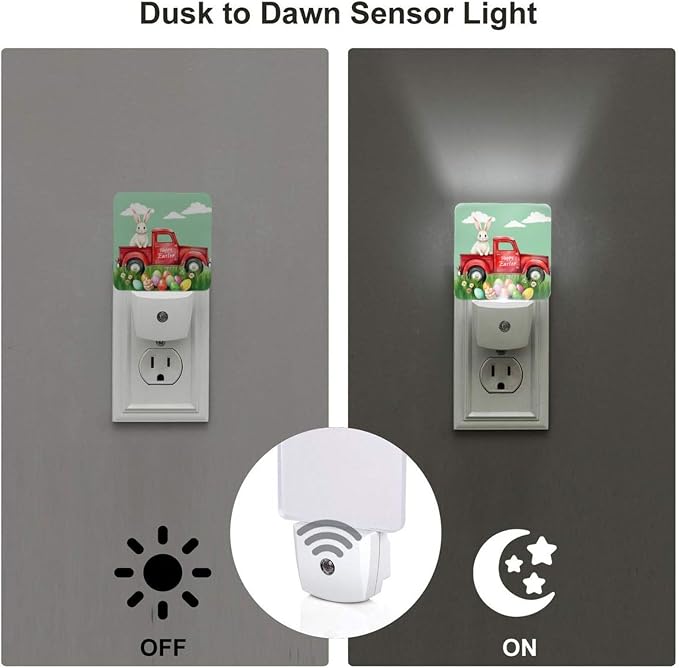 Rabbit in The Truck Easter Bunny LED Plug-in Night Lamp 2 Piece Set, Summer Sunset Nightlights Set of 2 for Bedroom Kitchen