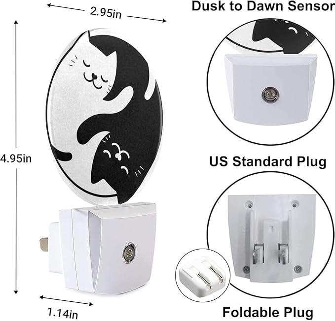 Tai Chi Cat Nightlight Two Black White Cats Kitten Night Lights Plug into Wall Dusk to Dawn Sensor Round Night Light for Adults Boys Girls, 0.5W Energy Efficient