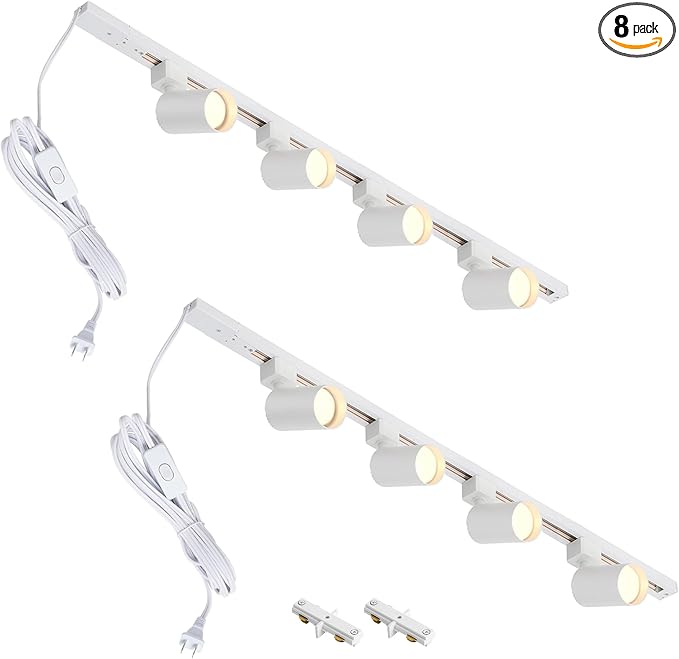 Plug in Track Lighting with Power Cord, 8 Light LED Track Lighting Kit with Connectable Rails, GU10 Kitchen Track Lighting Fixtures Wall Mounted Plug in Ceiling Light White - No Bulbs