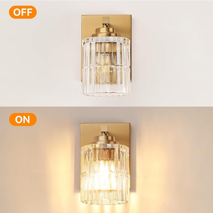 TALOYA Brushed Gold 2 Pack Wall Sconces with Fluted Cylinder Glass Shade | Modern Vanity Lighting Fixtures, Bathroom Lights Over Mirror, Wall Mount Mirror Light Fixtures for Bathroom Hallway Bedroom
