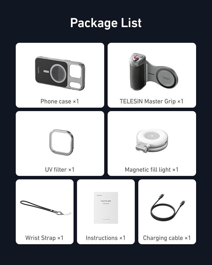 【for iPhone 17 Pro Max Only】 TELESIN Master Grip Kit, Magnetic Phone Camera Grip with C03 Selfie Light+ UV Filters, Creator Kit Built 3200mAh Battery Wireless Charging - Cooling Graphene Case