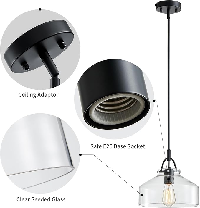 WUZUPS Chandelier Rustic Farmhouse Industrial Round Ceiling Pendant LED Light Fixture with Clear Glass Shades for Dining Room Kitchen Island Foyer Entryway, H 9.4" x W 10.6", E26 Base, Black