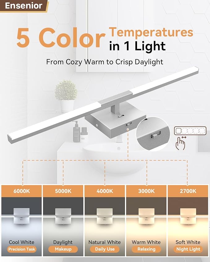 Ensenior Modern Vanity Light 24 Inch, Built-in Dimmer, 14W Dimmable 5CCT LED Light Fixture Over Mirror, Baked-on Matte Grey Vanity Lights for Bathroom Mirror Cabinets Bedroom-FCC & ETL Certificated