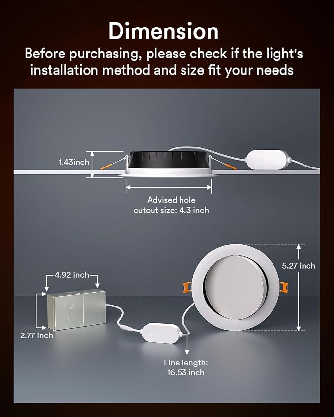 Lumary Smart Gimbal Recessed Lighting 4'', RGBWW WiFi Ceiling Can Light | 355°+20° Adjustable, Support Alexa/Google/APP/Lumary Switch, Canless w/J-Box, Timer & Music Mode, 9W 780LM CRI90, 1PC