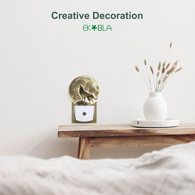 EKOBLA Black Wolf Night Light, Wolf on Cliff Under Full Moon Night Lights Plug Into Wall with Auto Sensor for Bedroom and Staircase